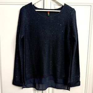 H+S Size US 10 Navy Scoop Neck Long Sleeve Sweater w/Sequins Chiffon Hem
